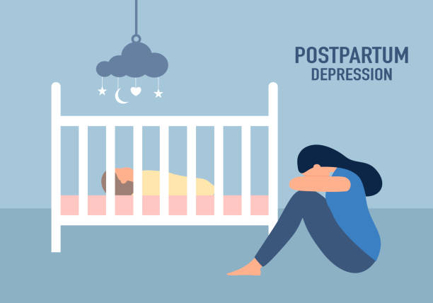 istock Unhappy woman suffering from postpartum depression concept vector illustration. 1440689529