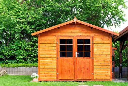 Frontal view of wooden garden shed