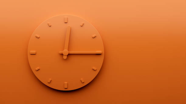 istock Minimal Orange clock 12:15 fifteen past Twelve o'clock abstract Minimalist wall clock 3d Illustration 1440694013