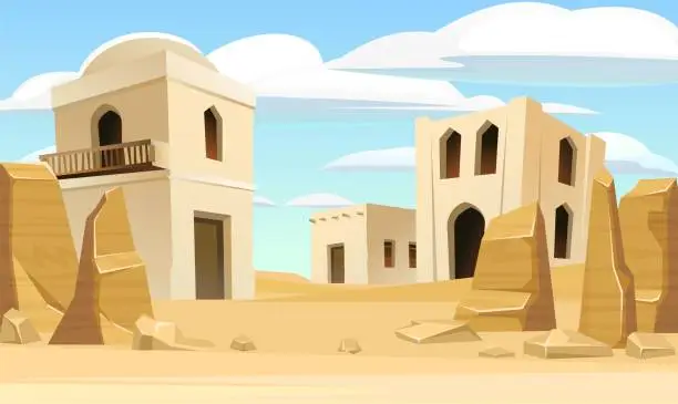 Vector illustration of Arab clay hut. Middle Eastern adobe dwelling. Africa and Asia traditional house. Vector.