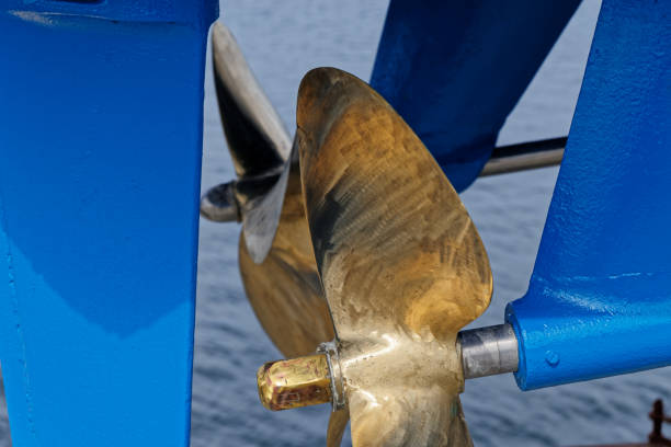 Close-up of brass boat propeller, ship screw