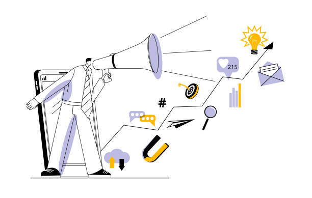 istock A man shouts into a megaphone from a smartphone and an arrow with elements of social media marketing. 1440697779