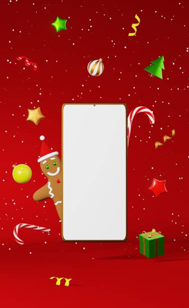 istock Smartphone mockup Christmas cookie Gingerbread man Santa hat levitating 3d rendering red background. Xmas advertisement. 1440698118
