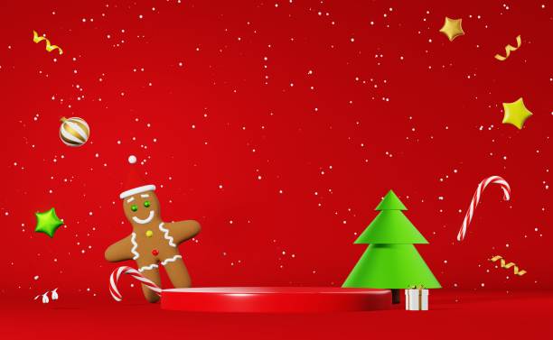 istock Christmas podium stage product demonstration Gingerbread man Santa hat gift levitating 3d rendering on red background. 1440698119