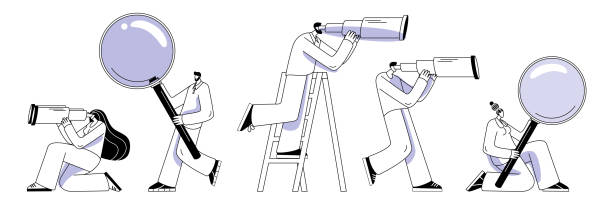istock Characters with a telescope and a magnifying glass are looking for something. 1440698329