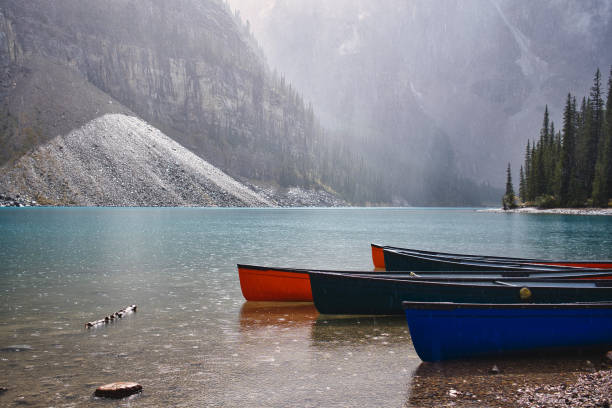 kanu auf lake louise, banff national park - pine tree lake mountain canada stock-fotos und bilder