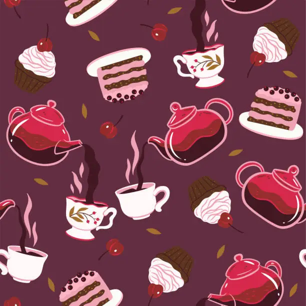 Vector illustration of Seamless pattern with tea and desserts. Vector graphics.