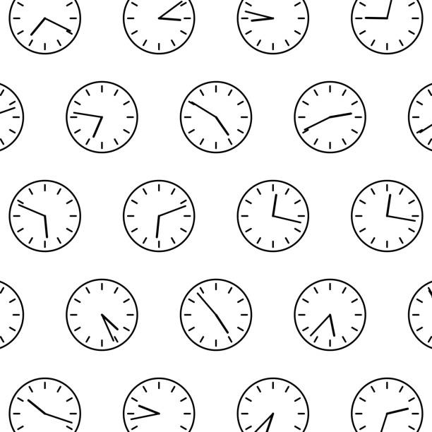 Clocks pattern, showing random time Clocks in honeycomb pattern, showing random time. Wall clock, analog display. 3-6-9-12 markings. clock-hands stock illustrations