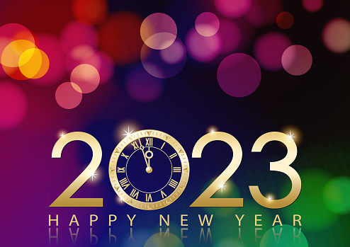 Join the countdown party on the New Year's Eve of 2023 with metallic clock on the colorful sparkling lights background
