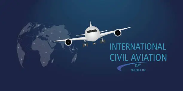 Vector illustration of International Civil Aviation Day. White airplane on blue background and map with flight connections.