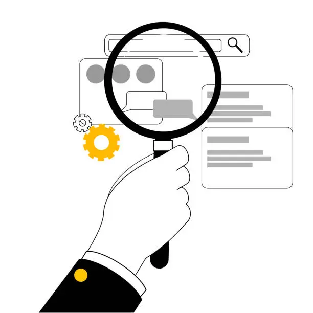 Vector illustration of A hand with a magnifying glass looks for errors in a mobile application.