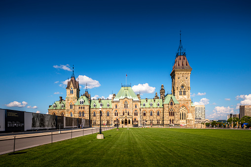 Ottawa, Canada - August 19, 2022: View of the Canadian Parliament in Ottawa, which is currently a construction site. Ottawa is the capital city of Canada.