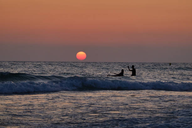 istock Two people practicing paddle surfing, during the sunset, on the beach of El Palmar, in Vejer de la Frontera. Cadiz. Andalusia. Spain 1440703910