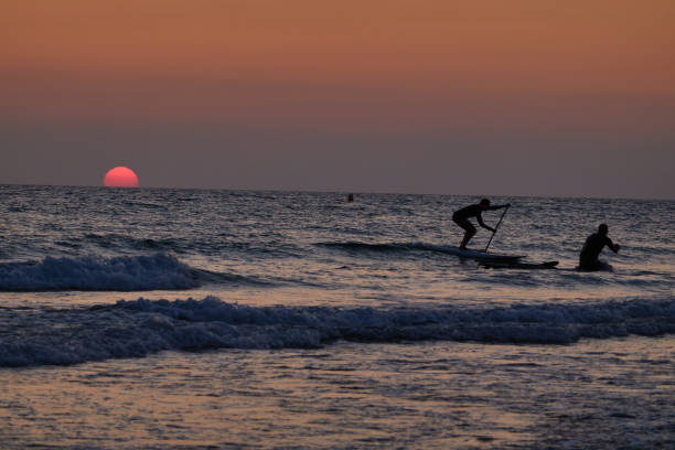 istock Two people practicing paddle surfing, during the sunset, on the beach of El Palmar, in Vejer de la Frontera. Cadiz. Andalusia. Spain 1440703911