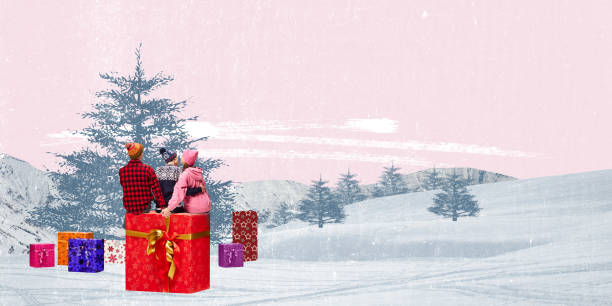 zeitgenössische kunstcollage. jugendliche sitzen auf geschenkbox im winterwald. liebe und freundschaft - 18 23 monate stock-fotos und bilder