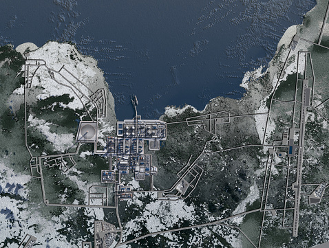 LNG plant with berth, gas carrier on a fictional location map. 3d-rendering