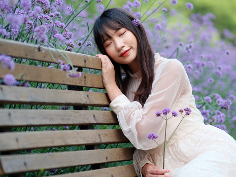 Beautiful woman in white dress sitting and sleeping with eyes closed on bench among purple Verbena Bonariensis flower field, charming Chinese girl with black long hair enjoy her leisure time outdoor.