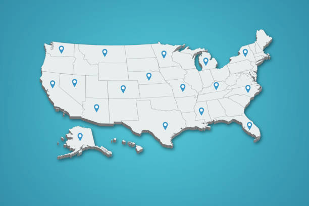 ilustrações de stock, clip art, desenhos animados e ícones de united state map 3d with location pin illustration on isolated background - unites states of america