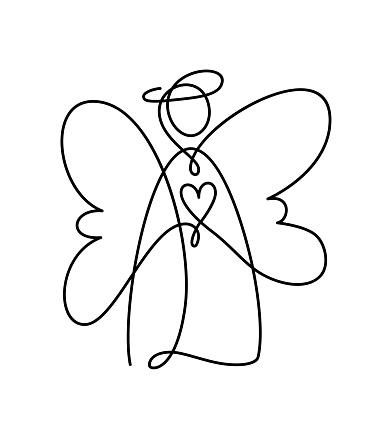 Simple vector Christmas angel with heart, continuous one line drawing, print for clothes and logo design, emblem or silhouette one single line, isolated abstract illustration.