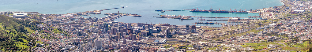 Panorama of the Cape Town City Centre as seen from Table Mountain. The Castle of Good Hope, harbor and Cape Town Stadium are visible