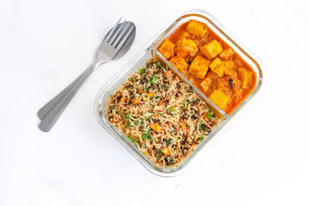 Indian Combination Meal of Fried Rice and Paneer Butter Masala, Indian Vegetarian Lunch