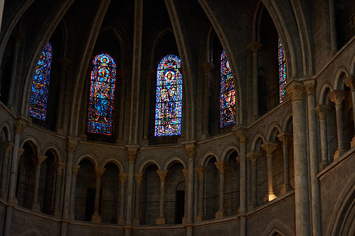 The dome of Lausanne Cathedral with its stained glass windows. Switzerland
