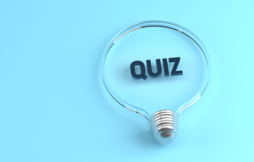 Transparent light bulb on blue background and Quiz message inside. Idea and Solution Concept.