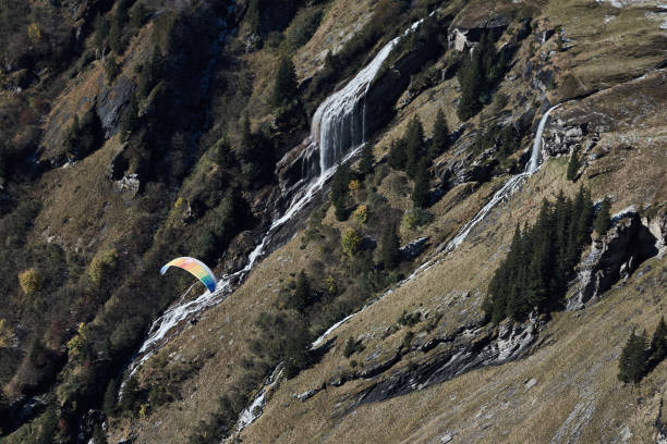 un parapendio sorvola grindelwald. svizzera - outdoors nature paragliding autumn foto e immagini stock