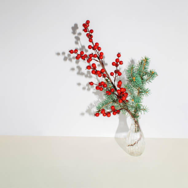istock Minimal winter holidays composition with one decorative branch of Christmas tree and red berries in a transparent bottle. Xmas and New Year concept. 1440710558