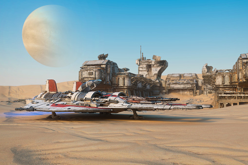 Dirty fighter space ship on a remote desert alien planet. 3D illustration.