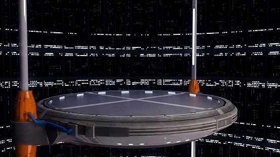 Large round lifting platform in a vast science fiction space station interior. 3D illustration.