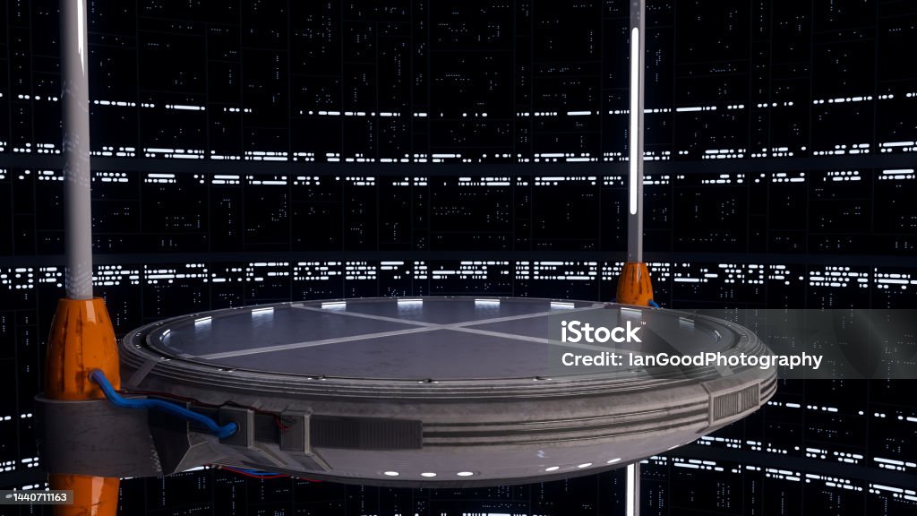Large round lifting platform in a vast science fiction space station interior. 3D rendering. Large round lifting platform in a vast science fiction space station interior. 3D illustration. Alien Stock Photo