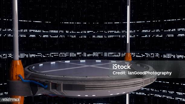 Large Round Lifting Platform In A Vast Science Fiction Space Station Interior 3d Rendering Stock Photo - Download Image Now