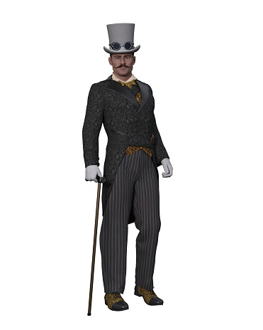 Steampunk man in Victorian style suit with top hat and cane. Isolated 3D illustration.