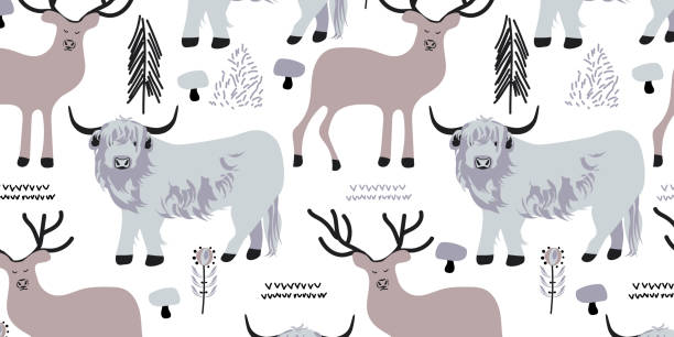 Hand-drawn cute Highland Cow and Reindeer in Scandinavian style Hand-drawn cute Highland Cow and Reindeer in Scandinavian style on a white background. Perfect for Kids Fabric, Card, Banner, Textile, Wallpaper. Vector illustration british beef cow stock illustrations
