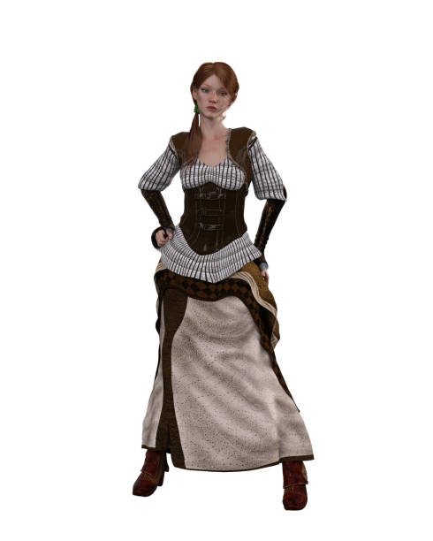 istock Attractive redhead woman wearing steampunk style outift and posing with hands on hips. isolated 3D illustration. 1440711223