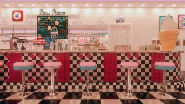 Photo of Vintage American ice cream parlour with black and white checked floor and pink stools at the bar. 3D rendering.