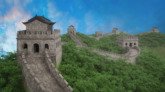 Scenic view along the Great Wall of China, a popular tourist attraction in the far east. Photo realistic 3D illustration.