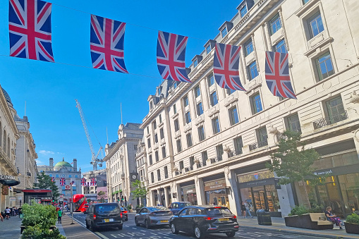 London, UK, 15 June 2022: British flags hang on the streets of London
