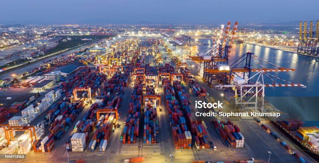 Shipyard Cargo Container Sea Port Freight forwarding service logistics and transportation. International Shipping Depot Custom Port for import export trade Transport Business manufacturing shipping Commercial Dock Stock Photo