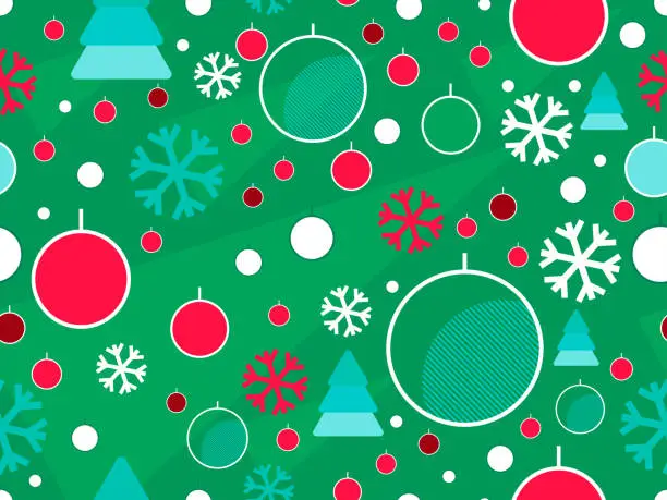 Vector illustration of Christmas seamless pattern. Christmas balls in a linear style, snowflakes and geometric Christmas trees made of triangles in the 80s style. Vector illustration