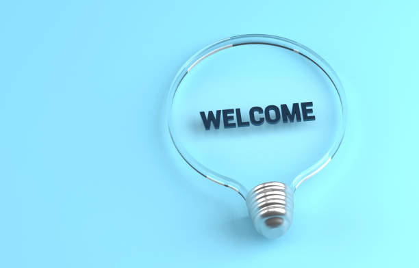 Transparent light bulb on blue background and Welcome message inside. Idea and Solution Concept.