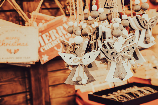 Christmas tree decorative hanging angels in Christmas market stall