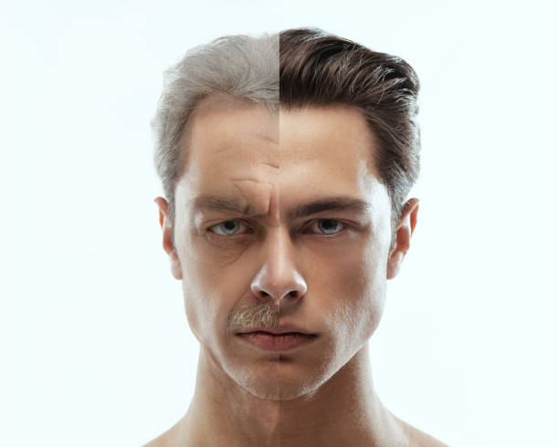 istock Man's portrait in comparison youth and maturity, old age. Skin aging process, wrinkles. Plastic surgery, beauty procedures. Before and after concept. Process of aging and rejuvenation. 1440716731