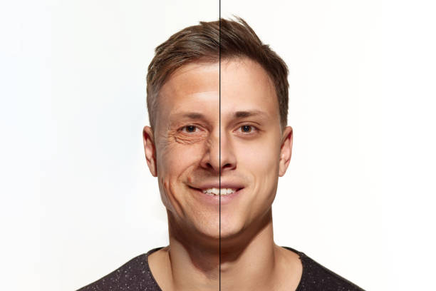 istock Man's portrait in comparison youth and maturity, old age. Skin aging process, wrinkles. Plastic surgery, beauty procedures. Before and after concept. Process of aging and rejuvenation. 1440716732