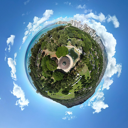 Drone Little Planet World over park in Waikiki, Honolulu, Hawaii.
