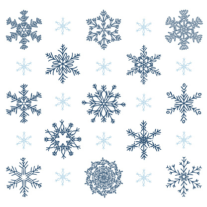 Vector hand-drawn snowflakes set. Delicate snow icon silhouettes. Isolated on white background. Design elements for christmas, winter prints, seasonal greetings, or any use.