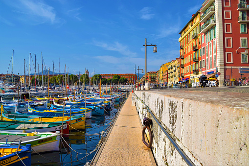 Nice, France - August 1 2019: Colourful boats moored in Port Lympia.