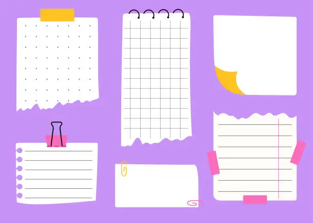 Vector illustration of Set of hand drawn paper notes templates for checklists or to do lists.