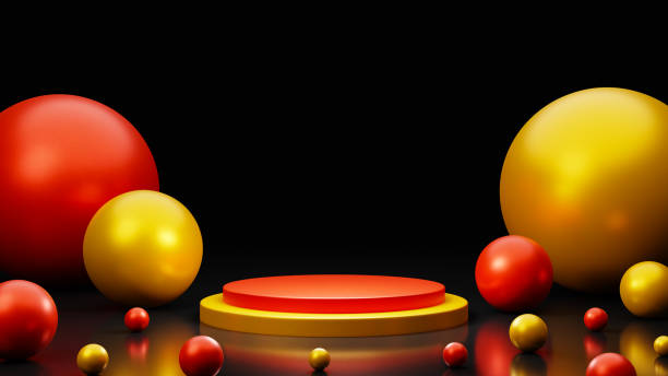 istock Christmas Gold and red balls podium. round pedestal podium. Abstract rendering 3d shape. black background scene for product display, Stage showcase 1440719767